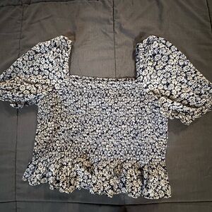J. Crew Navy and White Smocked Off-Shoulder Floral Top